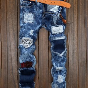 Euro Appliques Patchwork Ripped Jeans For Men