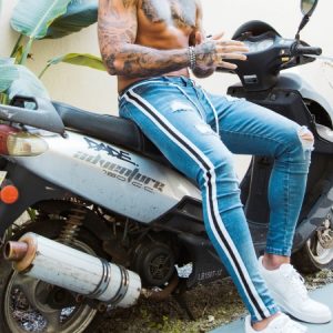 Fashion Striped Ripped Raged Hem Men's Denim Jeans