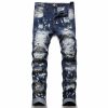 Men Washable Patchwork Ripped Jeans Pants