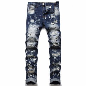 Men Washable Patchwork Ripped Jeans Pants