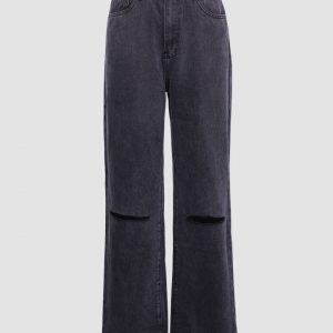 Grey Ripped Straight Leg Jeans