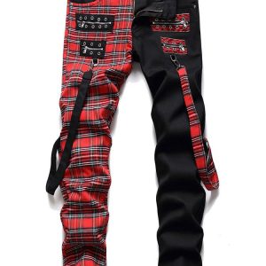 Plaid Contrast Color Patchwork Men Jeans Pant