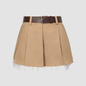 Raw Hem Pleated Mini Skirt With Belt