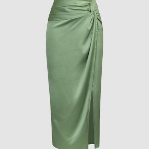 Satin Twist Side Slit Midi Skirt