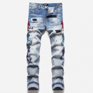 Ripped Embroidery Denim Mid Waist Jeans