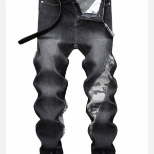 Korean Style Camouflage Patchwork Mid Waist Jeans
