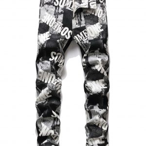 Contrast Color Letter Zipper Denim Casual Jeans