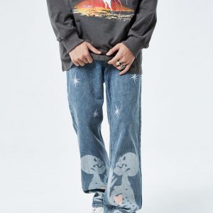 Street Skull Printed Loose Denim Jeans For Men
