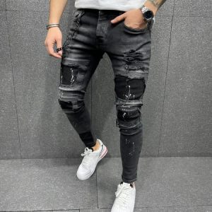 Street Black Patchwork Pencil Jeans For Men