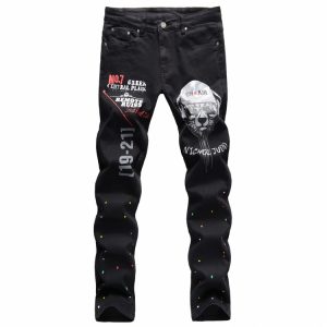 Register Print Letter Mid Waist Denim Jeans Men