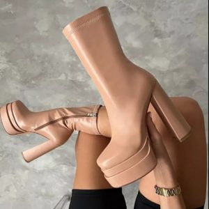 Pure Color Thick High Heel Leather Boots