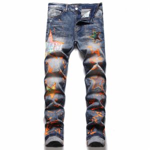 Men Star Letter Patchwork Printed Jeans Pants